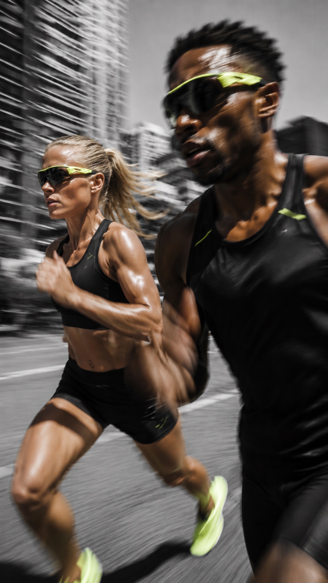 Deux coureurs en plein sprint dans une rue de ville, lunettes chartreuse, les immeubles filés par la vitesse.